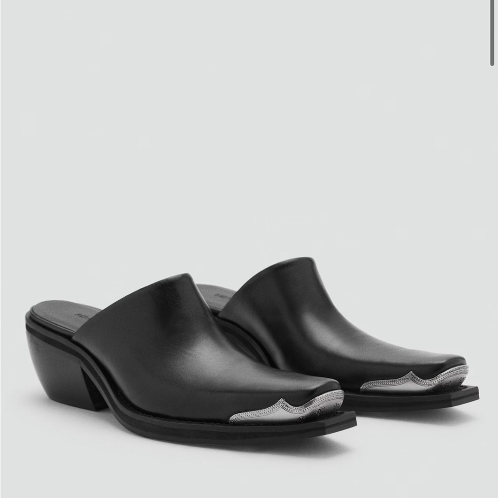 Mango Black and Silver Leather Mules